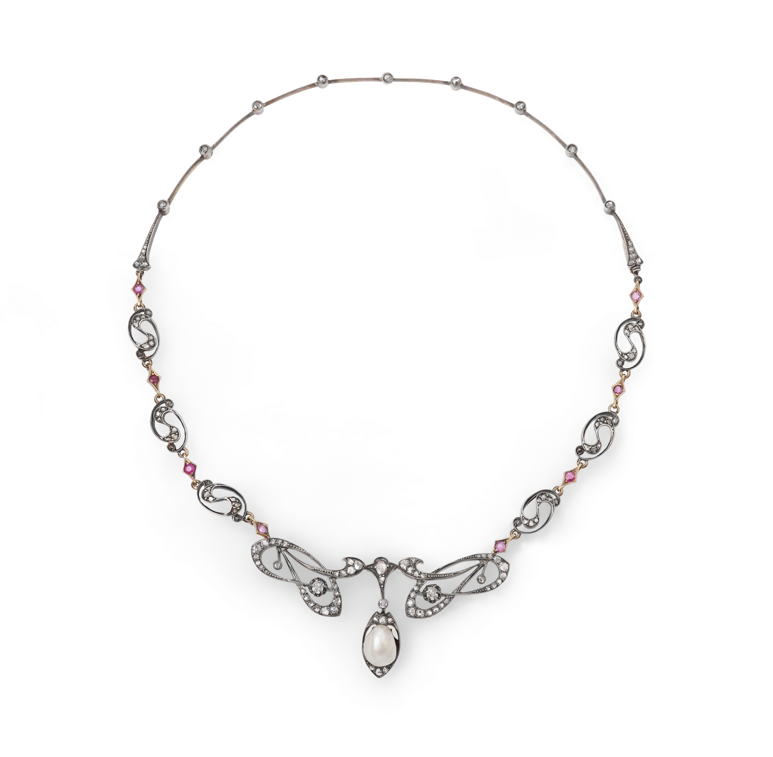 An Art Nouveau ruby, pearl and diamond necklace, France, early 20th century